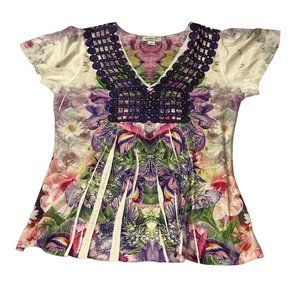 One World Tunic Top Womens PS Cap Sleeve Floral Embellished Pleated V-Neck